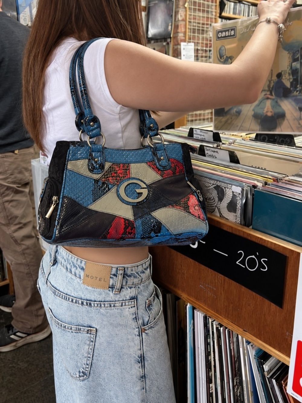Vintage GUESS Y2K Blue Patchwork Shoulder Bag | Snakeskin
